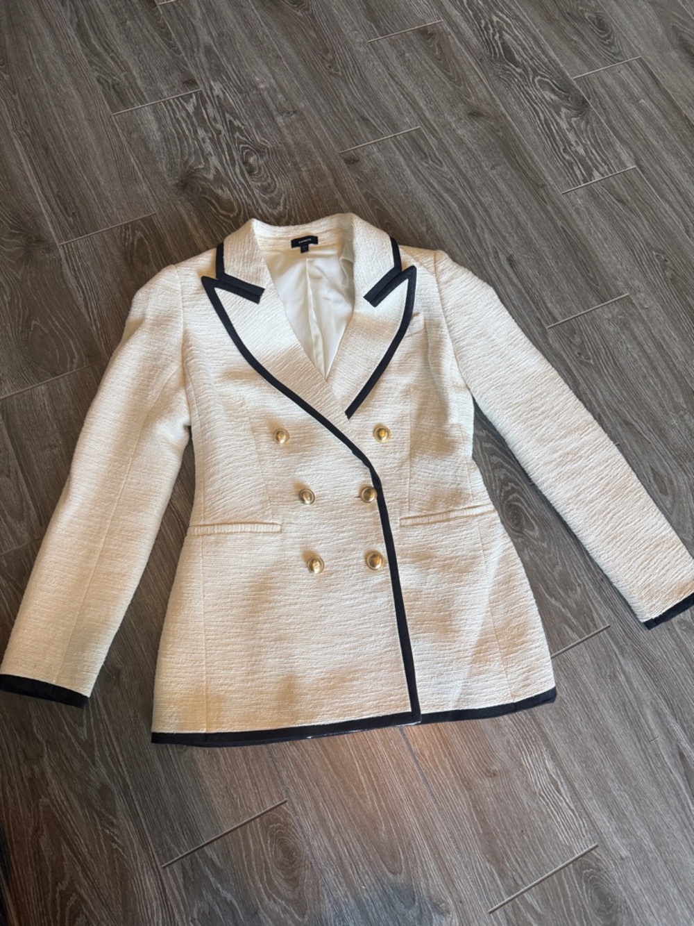 Express Cream Double-Breasted Blazer with Black Trim